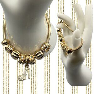 Anne Klein-Crystal-Textured-Polished Beads Pave High Heel Charm Rope Bracelet